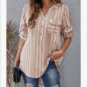 New V Neck Striped Roll Sleeves Button Down Shirt